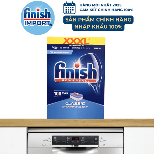 Hộp 100 viên rửa chén Finish Classic XXXL- (2x tính năng trong 1 viên) – (Dành cho máy rửa chén 9-10-12-13 bộ).